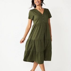 Sonoma Olive/Green Button Front Tiered Midi Dress size L